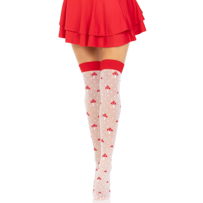 Панчохи Leg Avenue Polka Dot Mushroom Thigh Highs, One Size, біло-червоні, на резинці, малюнок — гриби