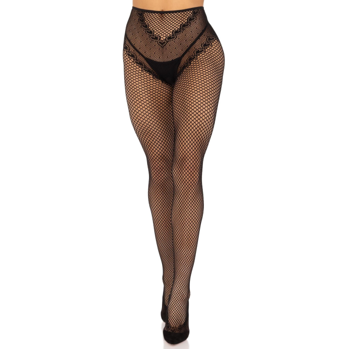 Стрип-колготки Leg Avenue Crotchless Net Tights with Heart Backseam, One Size, чорні, з доступом