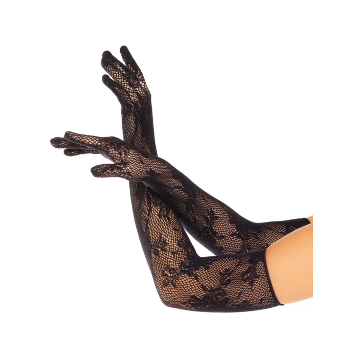 Рукавички Leg Avenue Lace Opera Length Gloves, One Size, чорні, вище ліктя, сітка з квітковим візерунком