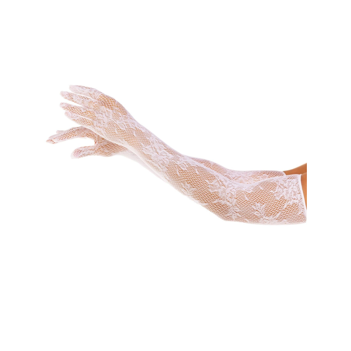 Рукавички Leg Avenue Lace Opera Length Gloves, One Size, білі, вище ліктя, сітка з квітковим візерунком