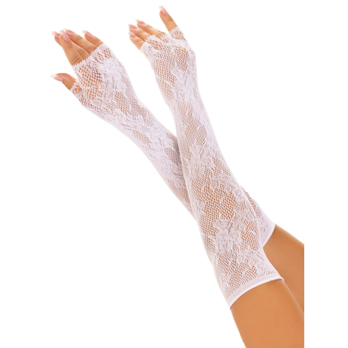 Мітенки Leg Avenue Lace Opera Length Fingerless Gloves, білі, ажурні, довжина вище ліктя
