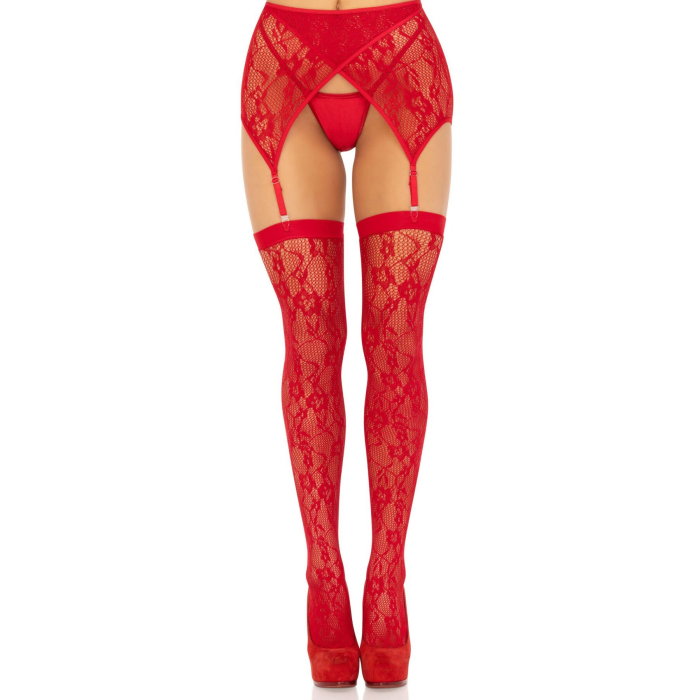 Комплект Leg Avenue Lace thigh highs & garterbelt, One Size, червоний, панчохи та пояс з пажами