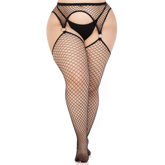 Панчохи Leg Avenue Stokings with O-ring Attached Garter Belt, 1X/2X, чорні, у сітку, імітація пояса