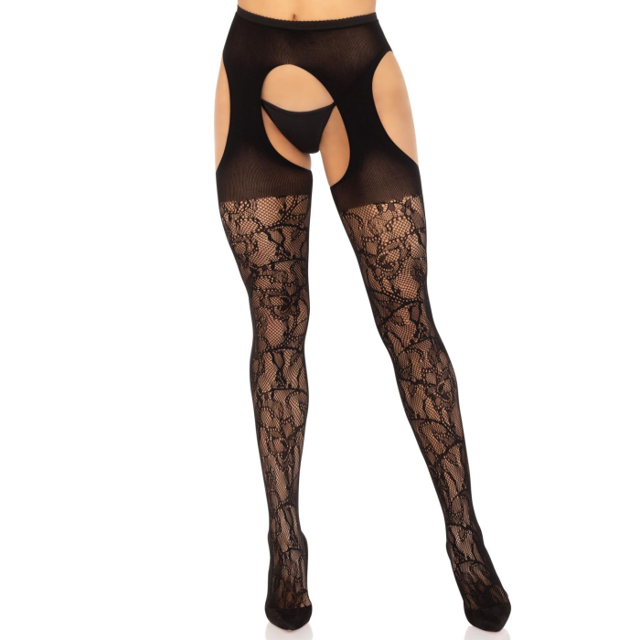Стрип-колготки Leg Avenue Eyelet lace suspender hose, One Size, чорні, ажурні, з відкритим доступом