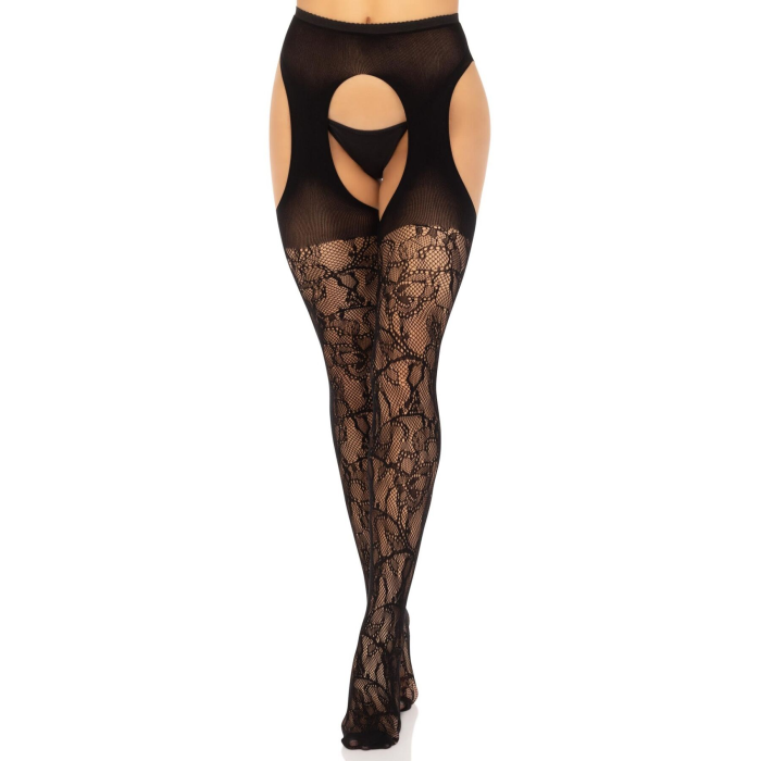 Стрип-колготки Leg Avenue Eyelet lace suspender hose, One Size, чорні, ажурні, з відкритим доступом