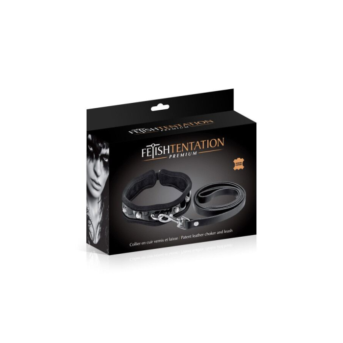 Повідець з натуральної шкіри Fetish Tentation Premium Patent leather chocker and leash