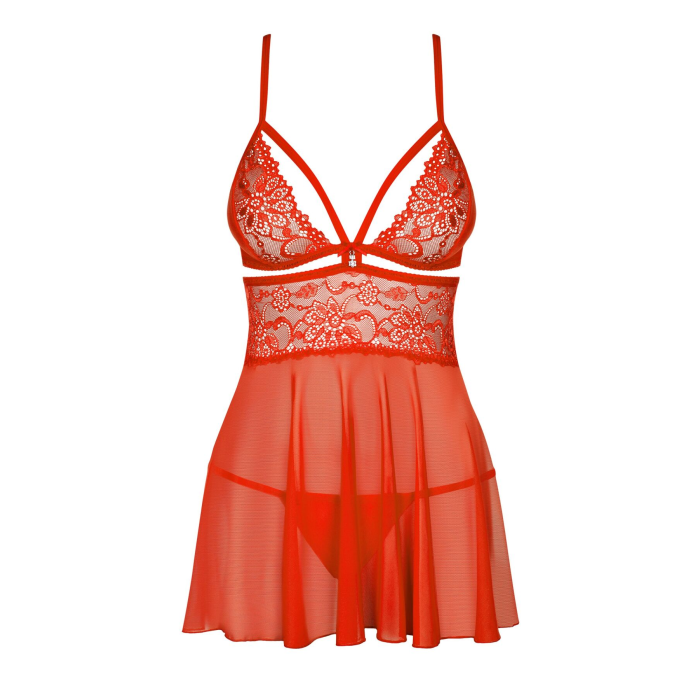 Бебі-дол Obsessive 838-BAB-3 babydoll & thong, L/XL, червоний, мереживний ліф, стрінги в комплекті
