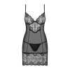 Сорочка Obsessive Alluria chemise & thong, S/M, чорна, мереживо+мікросітка, стрінги в комплекті