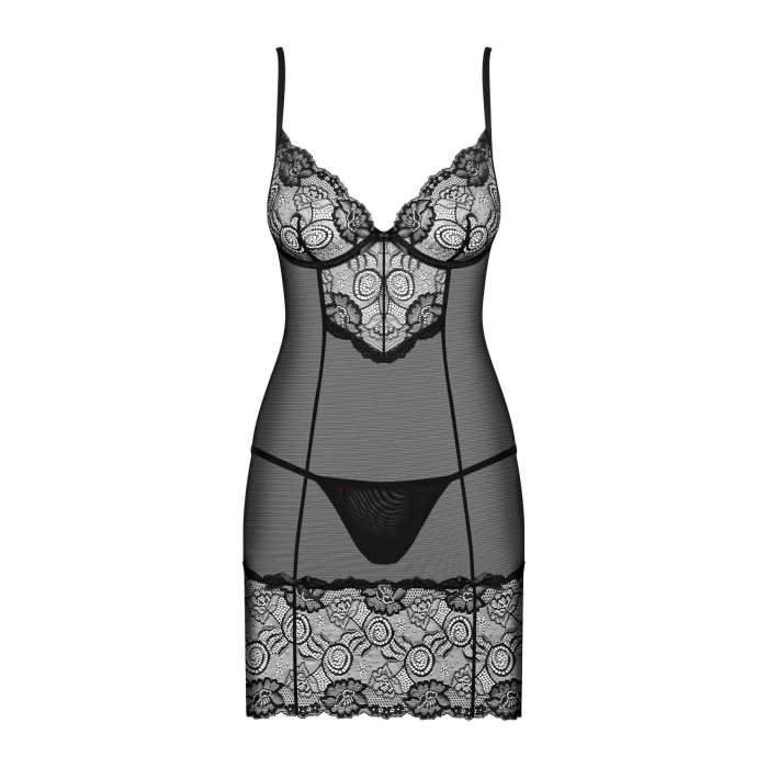Сорочка Obsessive Alluria chemise & thong, L/XL, чорна, мереживо+мікросітка, стрінги в комплекті