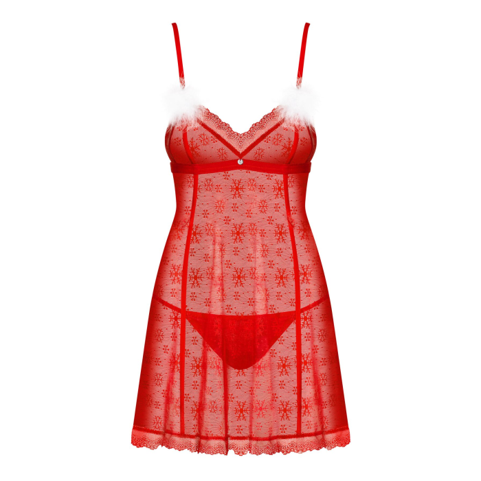 Сорочка Obsessive Claussica, XL/2XL, червона, прозора з візерунком, стрінги в комплекті