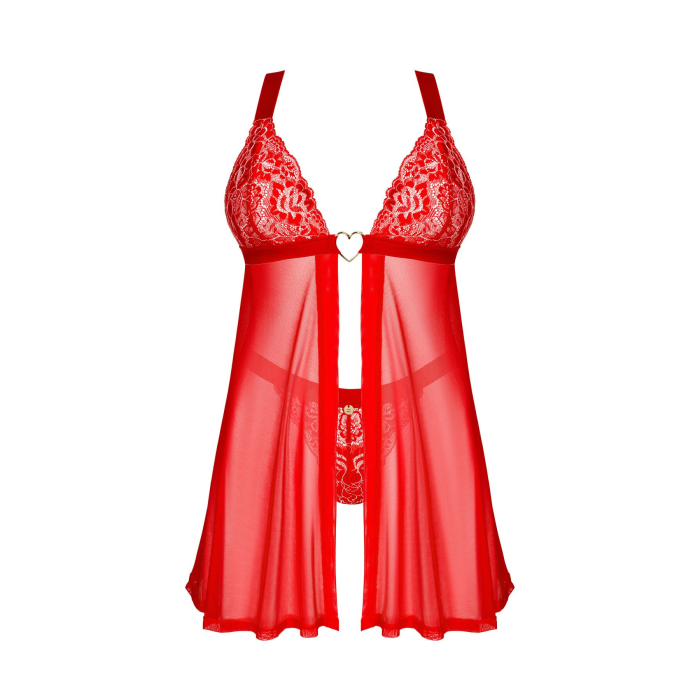 Бебі-дол Obsessive Elianes babydoll & thong, XS/S, червоний, мереживний ліф, трусики-танга в наборі