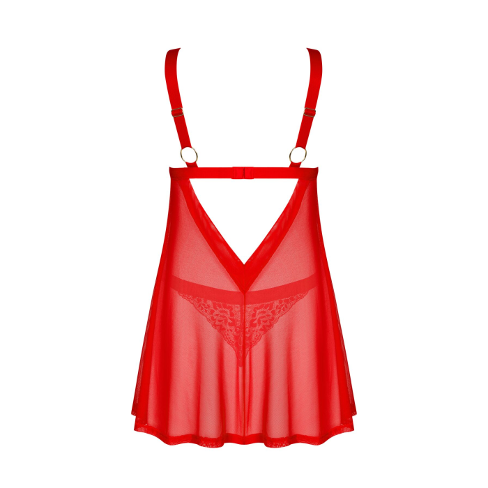 Бебі-дол Obsessive Elianes babydoll & thong, XL/2XL, червоний, мереживний ліф, трусики-танга в наборі