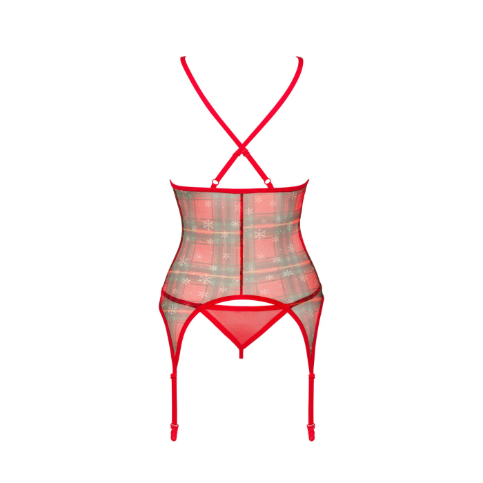 Корсет Obsessive Jollymore corset, XS/S, у клітинку, з мереживом, пажі для панчіх, стрінги в комплекті
