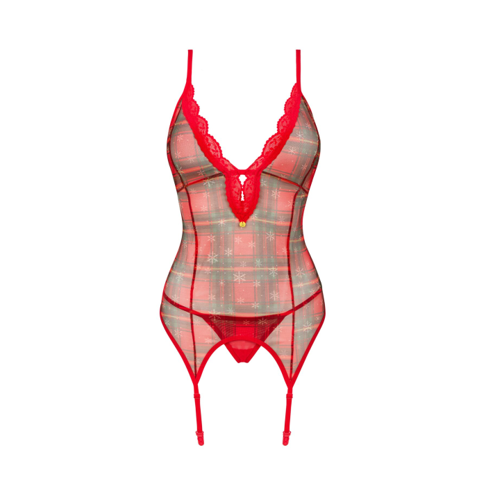 Корсет Obsessive Jollymore corset, XL/2XL, у клітинку, з мереживом, пажі для панчіх, стрінги в комплекті