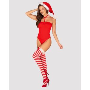 Тедді Obsessive Kissmas teddy, L/XL, червоне, без бретелей, чокер, панчохи та шапка з помпоном у наборі