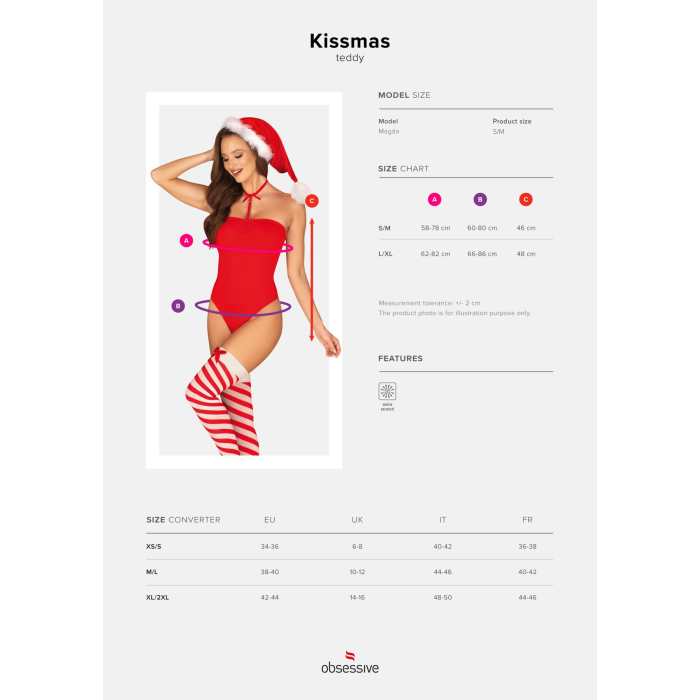 Тедді Obsessive Kissmas teddy, L/XL, червоне, без бретелей, чокер, панчохи та шапка з помпоном у наборі
