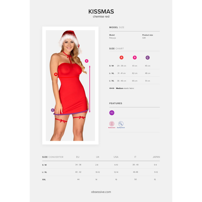 Сорочка Obsessive Kissmas chemise, S/M, червона, чокер, гартери та шапочка з помпоном у комплекті