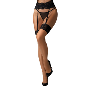Панчохи Obsessive Nutris stockings, XS/S, тілесні, з чорним мереживом, під пояс