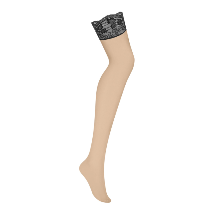 Панчохи Obsessive Nutris stockings, XS/S, тілесні, з чорним мереживом, під пояс