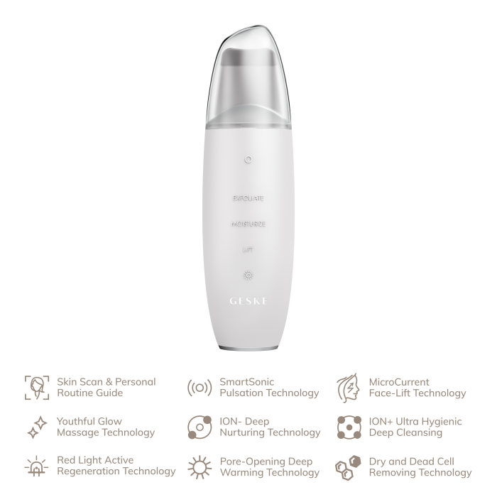 Мікрострумовий скрабер для шкіри та усунення чорних точок GESKE MicroCurrent Skin Scrubber&Blackhead Remover 9в1 white