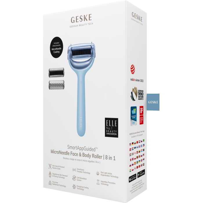Електронний ролер для обличчя та тіла з мікроголками GESKE MicroNeedle Face&Body Roller 8в1 aquamarine