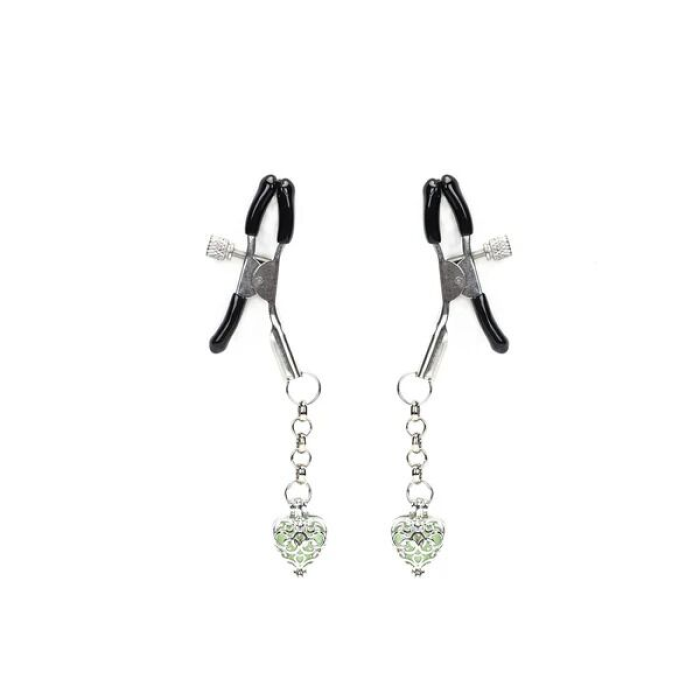 Затискачі для сосків із сердечком Liebe Seele Glow-in-dark Nipple Clamps Green, світяться в темряві