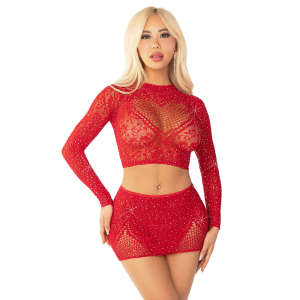 Блискучий комплект кроп-топ і спідниця Leg Avenue Rhinestone One Size, Red, довгий рукав