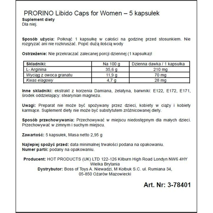 Збудливі капсули для жінок ERO PRORINO black line Libido (ціна за 5 капсул в упаковці)