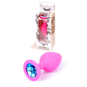 Анальна пробка з блакитним кристалом Plug-Jewellery Pink Silicon PLUG Medium-Light Blue Diamond