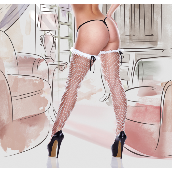 Панчохи в сітку WHITE LACE TOP WHT FISHNET THIGH HI BOW