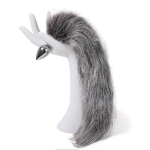 Анальна пробка з хвостом Anal plug faux fur fox tail light grey polyeste