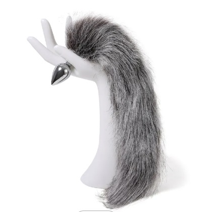 Анальна пробка з хвостом Anal plug faux fur fox tail light grey polyeste