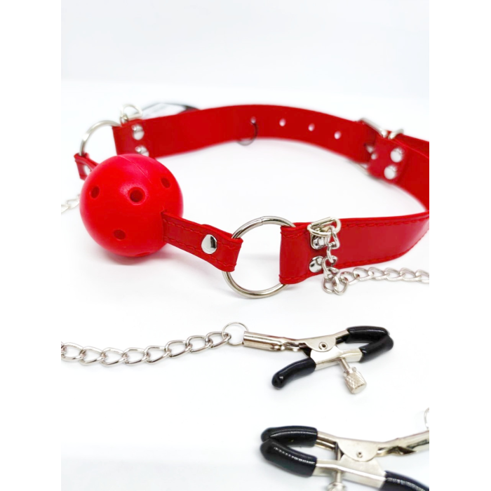 Кляп DS Fetish Ball gag with nipple clamps red