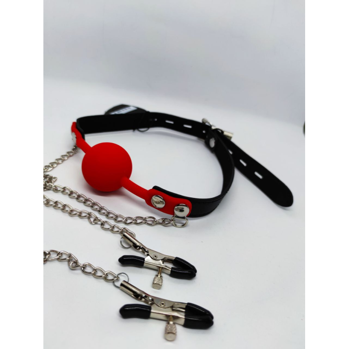 Кляп із затискачами на соски DS Fetish Locking gag with nipple clamps black/red