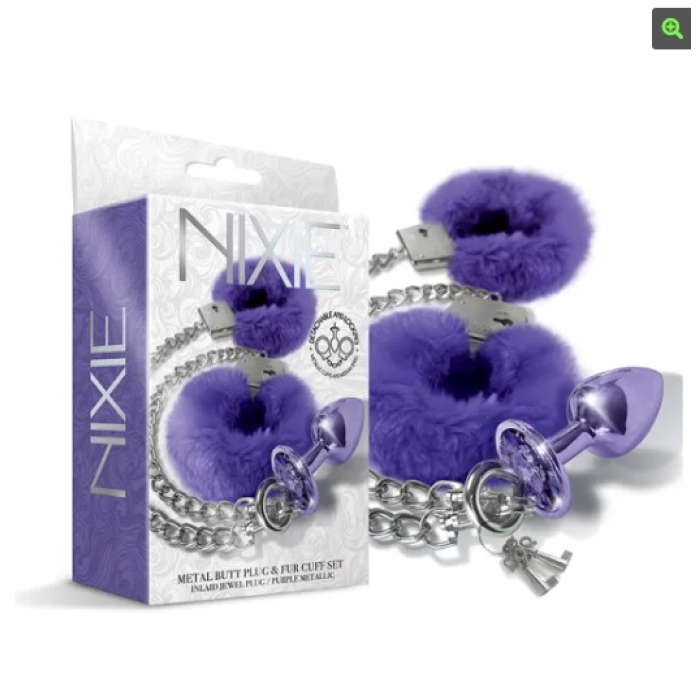 Набір Global Novelties NIXIE METAL BUTT PLUG& FURRY HANDCUFF SET, MEDIUM, PURPLE METALLIC