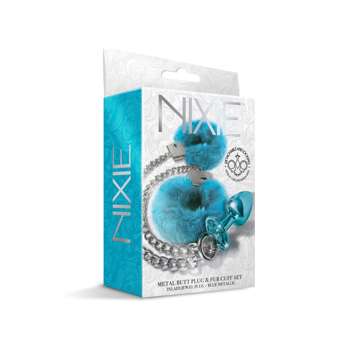 Набір Global Novelties NIXIE METAL BUTT PLUG & FURRY HANDCUFF SET, MEDIUM, BLUE METALLIC
