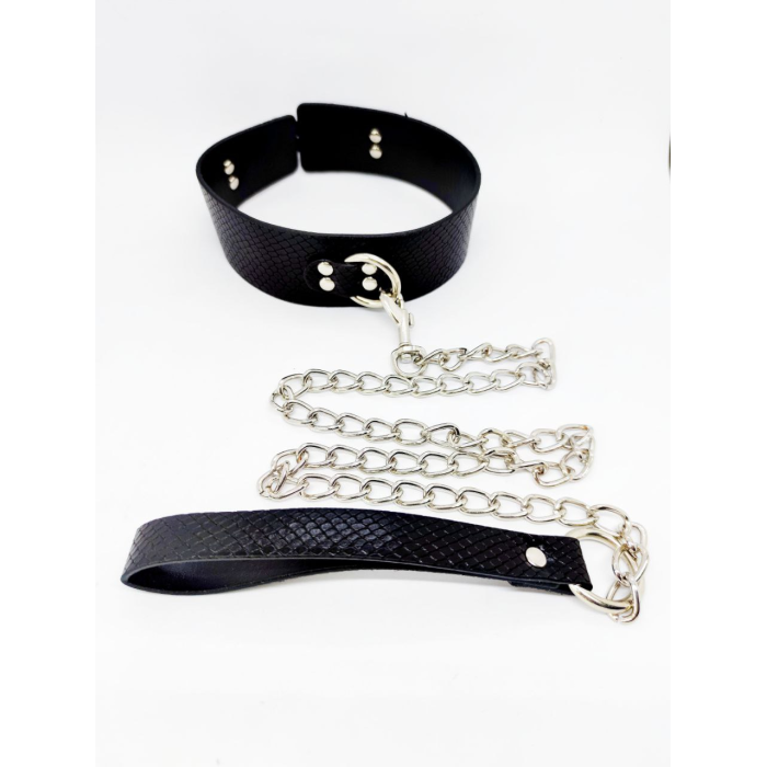 Нашийник з повідцем DS Fetish snake skin під шкіру змії чорний