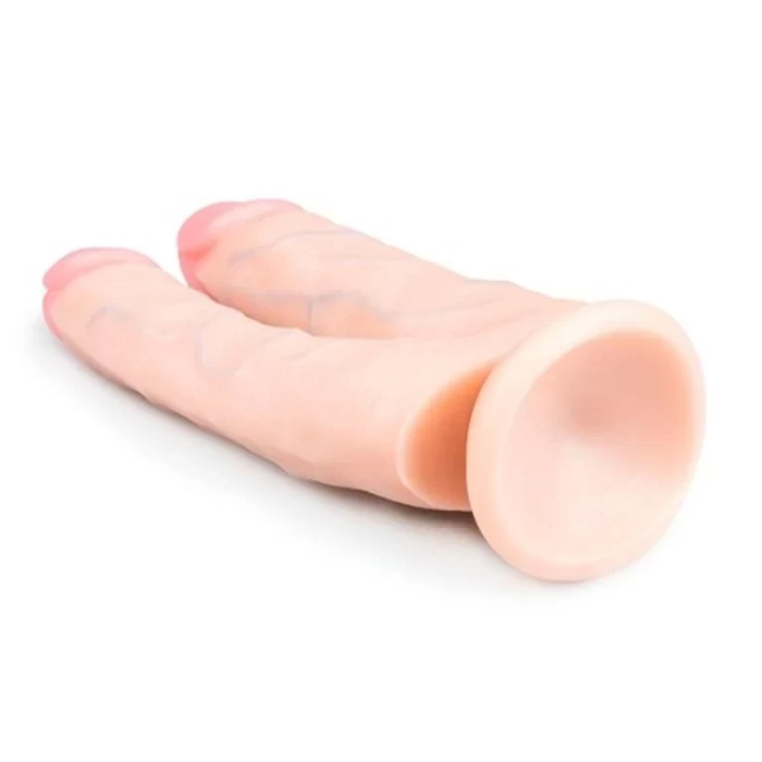 Двойной фаллоимитатор на присоске Easytoys, бежевый, 18 х 3.8 см