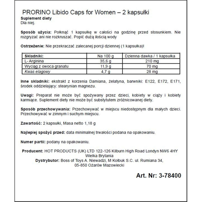 Капсули для підвищення лібідо у жінок PRORINO Libido Caps, (ціна за упаковку, 2 капсули)