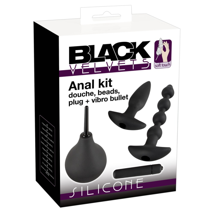 Анальний сет Black Velvet Anal Kit (анальна пробка, анальні намиста, віброкуля, анальний душ), чорний