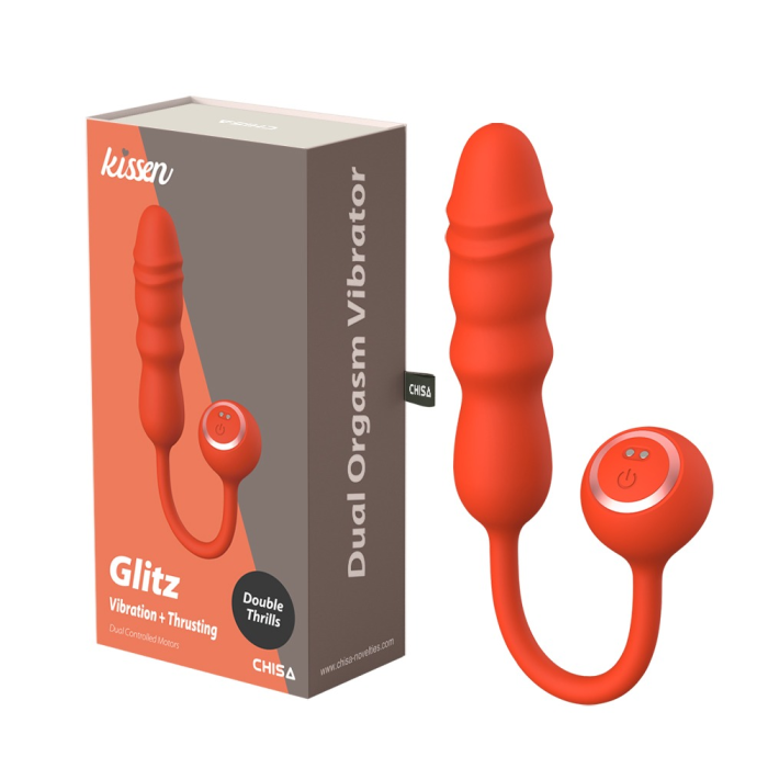Вибратор Chisa Kissen Glitz с фрикциями, рельефный, с проводным пультом, оранжевый.