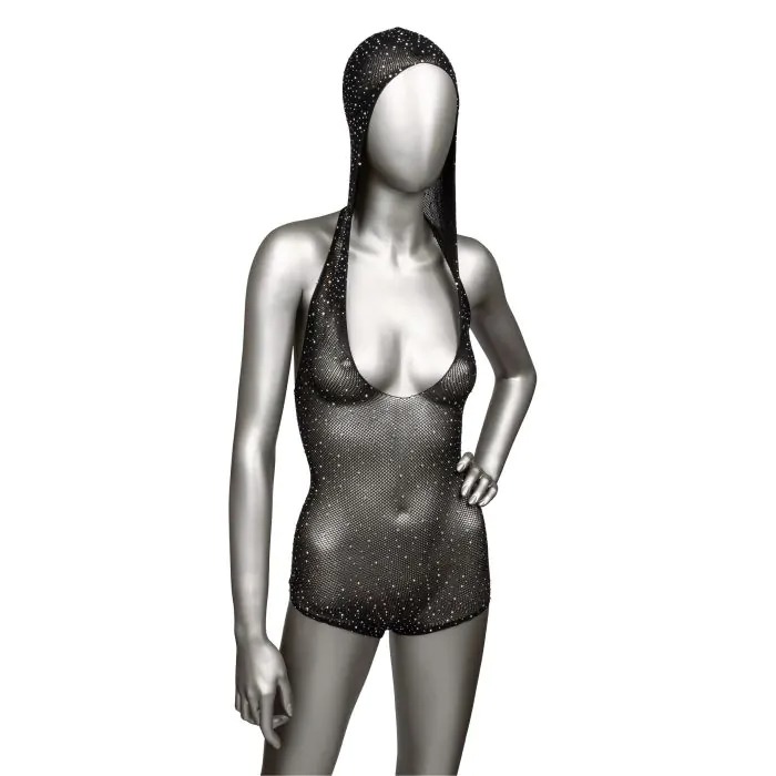 Боді-сітка в стразах із капюшоном CalExotic Hooded Deep V Bodysuit, чорний