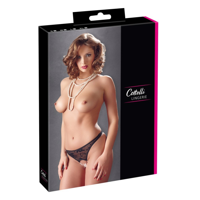 Мереживні трусики Cottelli Collection з відкритим доступом і перлами, чорні, розмір S