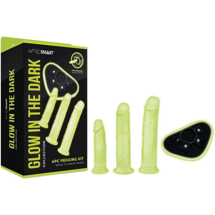 Страпон люмінесцентний Whipsmart Glow in the Dark із 3 насадками, чорний-білий