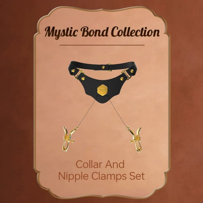 Нашийник чорний зі шкіри UPKO Mystic Bond Collection із затискачами для сосків