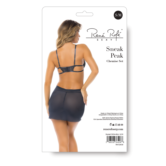 Пеньюар Rene Rofe Lingerie напівпрозорий, з мереживними елементами, ліф на кісточках, синій, S/M