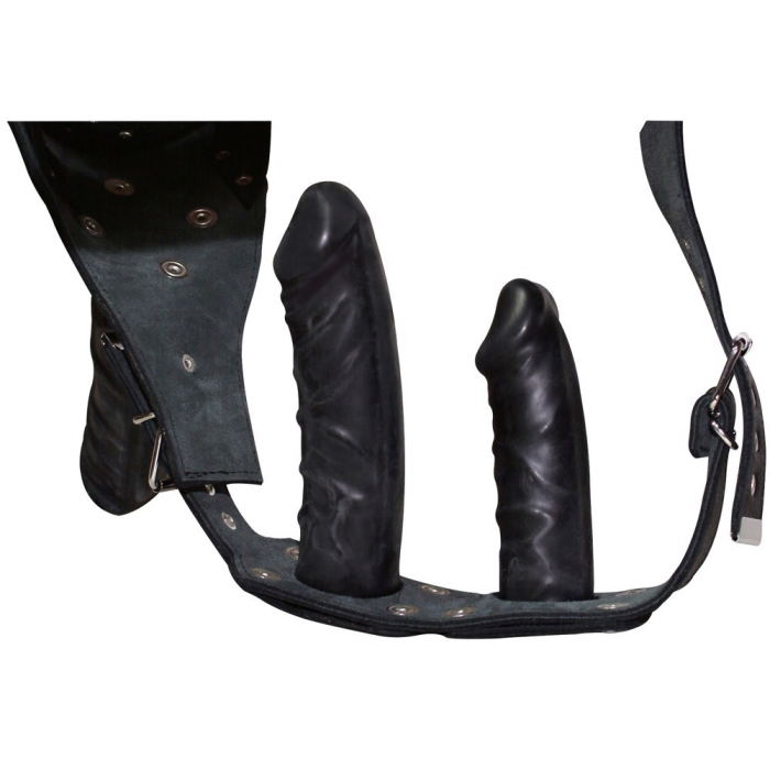 Страпон ZADO Fetish зі шкіри з трьома фалоімітаторами, чорний, розмір S/M
