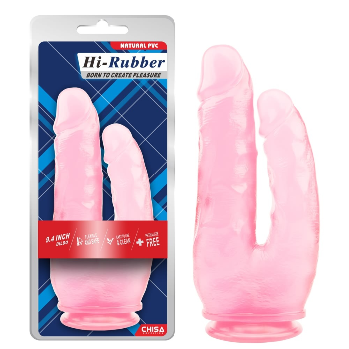 Фалоімітатор подвійний на присосці прозорий Chisa Hi-Rubber 9.4, рожевий