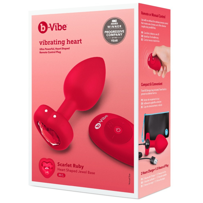 Анальна пробка з вібрацією та пультом керування B-Vibe Vibrating Heart Plug червона, M/L