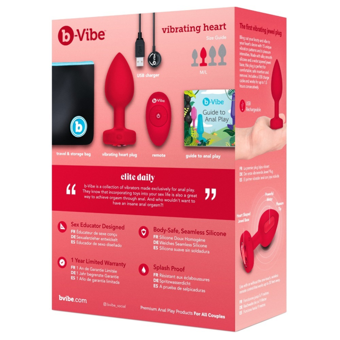 Анальна пробка з вібрацією та пультом керування B-Vibe Vibrating Heart Plug червона, M/L